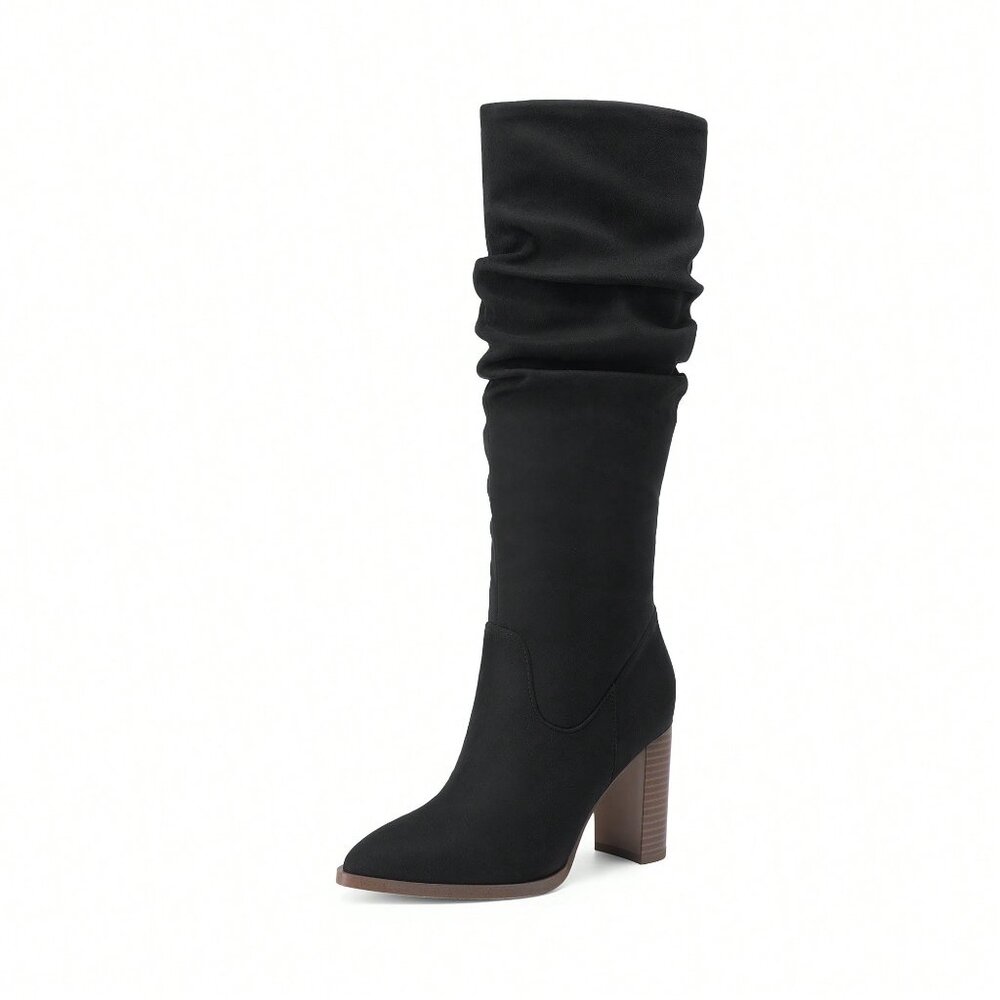 Black Elegant Women's Knee-High Pointed Toe Chunky Block Heel Suede With Side Zi - Picture 6 of 10